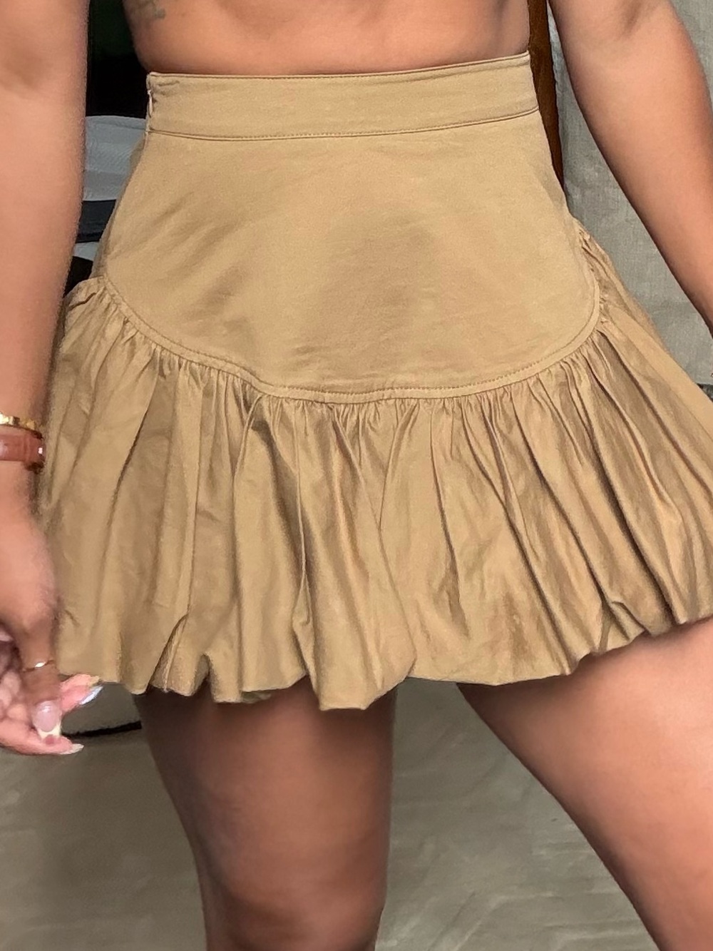 High-Waist Ruffled Mini Skirt in Tan
